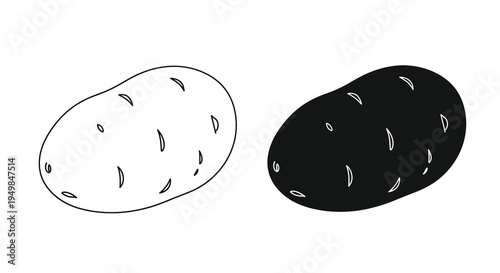 A simple black and white illustration depicts two potatoes one light and one dark with sketched like eyes high quality professional detailed