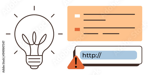 Online safety, internet security, cybersecurity threats, online warnings, system alerts, intellectual concepts. Lightbulb, warning icon URL box. Cybersecurity and online warnings visual