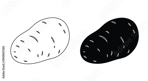 A minimalistic black and white illustration depicts two potatoes one light and one dark showcasing their textured surfaces high quality professional