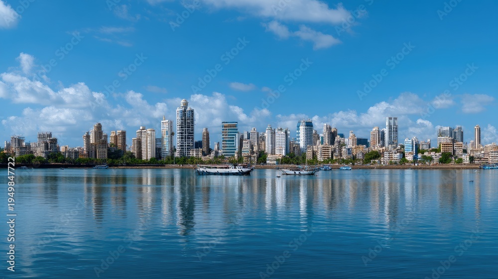 Obraz premium Panoramic View of a Modern City Skyline Reflected in Calm Waters Under a Bright Blue Sky
