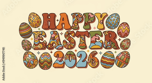 Colorful happy easter 2026 greeting with decorated eggs on pale background