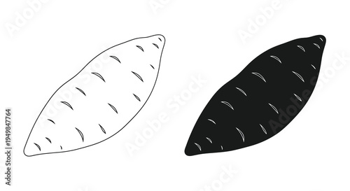 A minimalist black and white illustration depicts two sweet potatoes one light and one dark showcasing their textured skin high quality