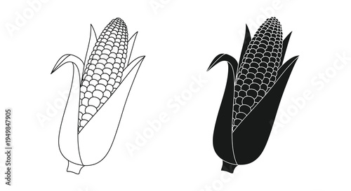 A minimalist black and white illustration depicts two ears of corn with husks showcasing varying shades and simple line work
