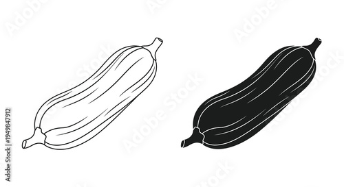 A simple black and white illustration depicts two cacao pods one outlined and one filled showcasing their elongated ribbed forms
