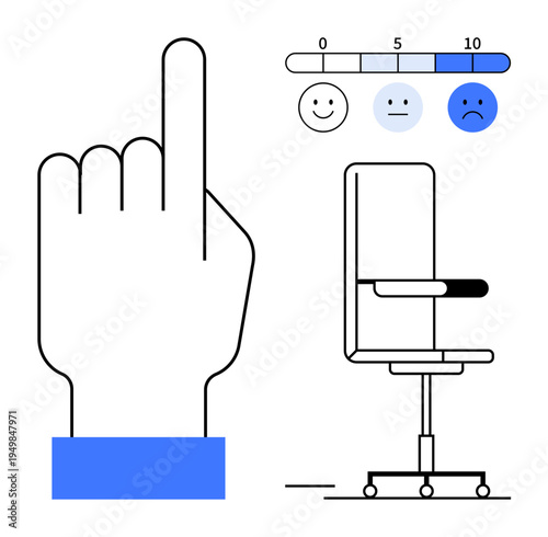 Workplace feedback, employee satisfaction, mental health, productivity, evaluation, ergonomics. Hand pointing upward, mood scale office chair. Workplace feedback and employee satisfaction concept