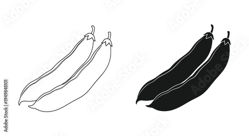 A minimalist black and white illustration depicts three fresh green beans showcasing contrasting shading techniques and botanical form high quality professional