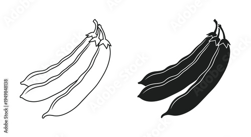 A simple black and white illustration showcases two groups of elongated pod like vegetables resembling beans or eggplants high quality professional detailed