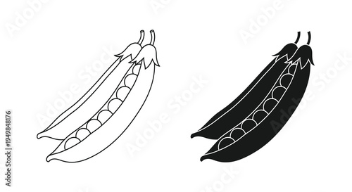 A minimalist illustration depicts two pea pods one outlined and the other filled showcasing their seed filled structure high quality