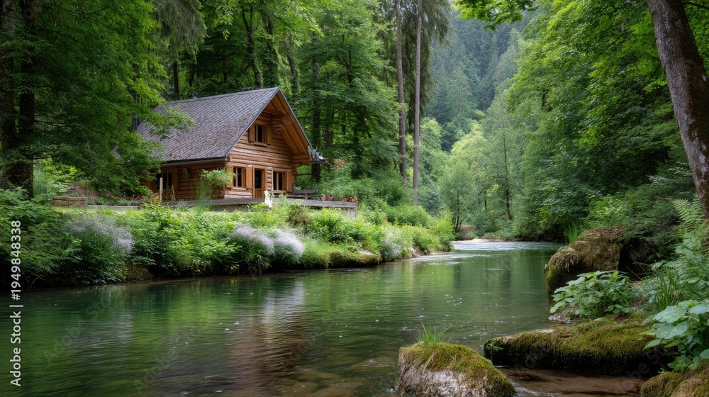Fototapeta premium Cozy wooden cabin beside a tranquil river in a lush green forest with tall trees and serene nature scenery