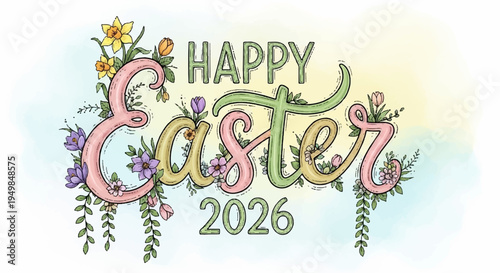 Easter 2026 colorful floral greeting with happy easter text on white background