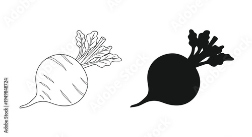 A minimalist black and white illustration depicts two beets one with detailed linework and the other as a solid silhouette