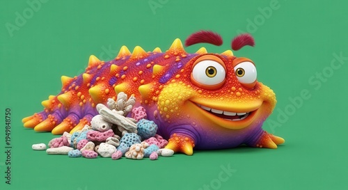 Colorful Cartoon Creature Surrounded by Bright Multicolored Candies