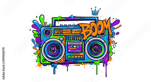 Colorful Boombox Illustration with Graffiti Style Elements