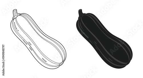 A contrasting depiction of a butternut squash one in a black outline and the other fully shaded black