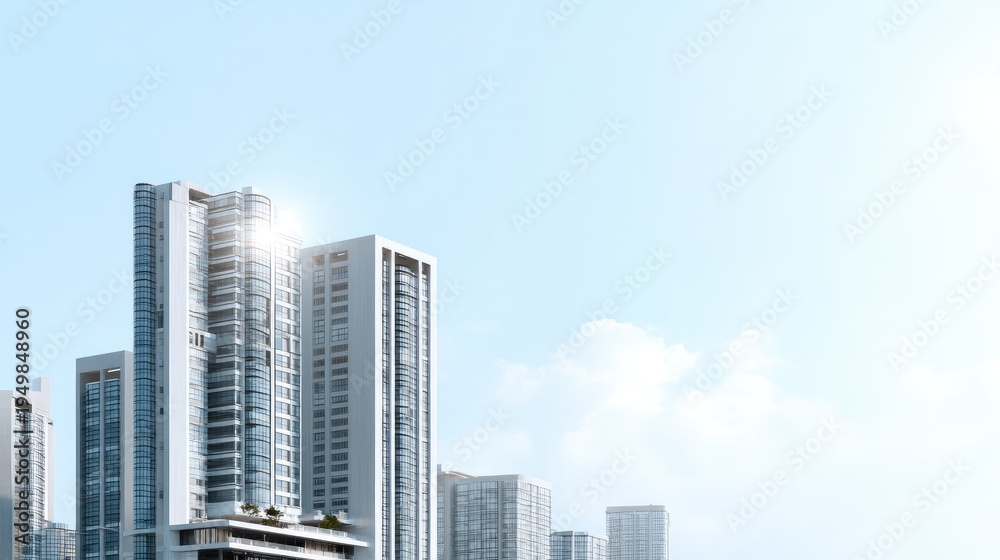 Fototapeta premium Modern Architecture of High-Rise Buildings Against Clear Blue Sky in Urban Cityscape