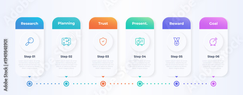 Modern 6 step business process infographic timeline with marketing icons. Corporate workflow diagram for strategy, marketing and project planning. Vector illustration.