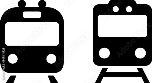 Two stylized icons of a tram and a train depicted in black and white