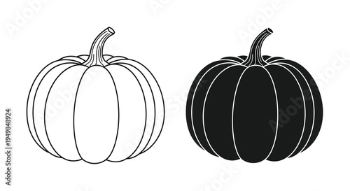 A black and white illustration depicts two pumpkins one with a white fill and one solid black showcasing contrasting designs