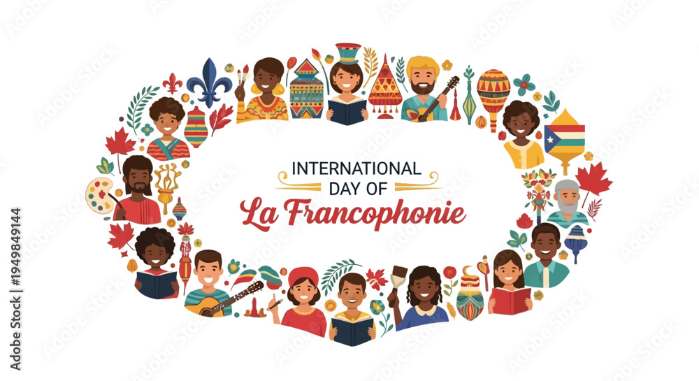 Obraz premium Illustration of diverse people and flags celebrating International Day of La Francophonie with colorful design elements on a white background.