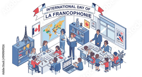Vector illustration of people celebrating International Day of La Francophonie with a colorful design and French flag elements.
