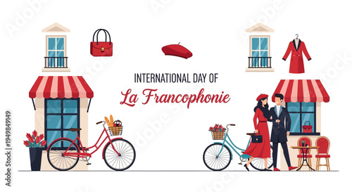 Vector illustration of a couple on bicycles with French-inspired clothing and accessories celebrating International Day of La Francophonie against a clean white background with a joyful and