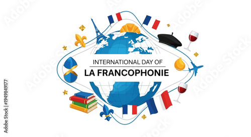 Vector illustration celebrating International Day of La Francophonie with a globe surrounded by flags and symbols on a white background.