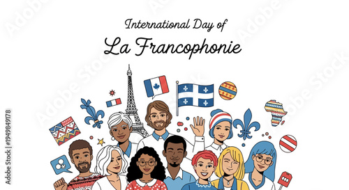 Illustration of diverse people celebrating International Day of La Francophonie with vector graphics and flags on a white background.