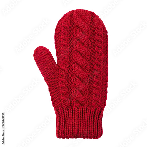 Warm red knitted mitten with intricate cable knit design for winter