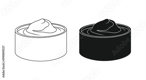 A simple illustration depicts two cylindrical cans with a creamy swirling substance inside shown in both positive and negative