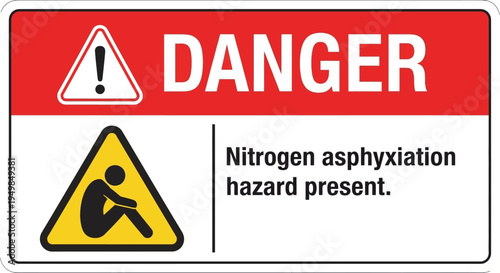 Warning sign indicates nitrogen asphyxiation hazard with danger symbol present