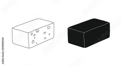 A minimalist black and white illustration depicts two rectangular blocks one white with holes and one solid black side by side