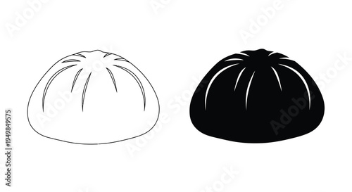 A black and white illustration depicts two views of a traditional bao bun showcasing its folded texture and rounded form