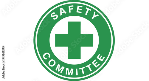 Green safety committee logo with a cross symbol is shown