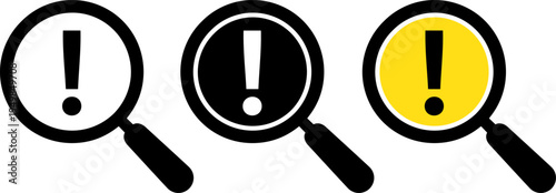 Three magnifying glasses highlighting different levels of alertness or importance with exclamation marks