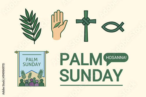 Palm Sunday Celebration Vector Illustration with Religious Symbols and Typography