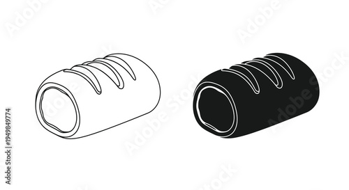A minimalist illustration depicts two cylindrical objects one light and one dark resembling bread rolls or pastries high quality