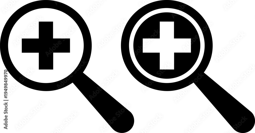 Obraz premium Two magnifying glasses focusing on plus symbols with different fill styles