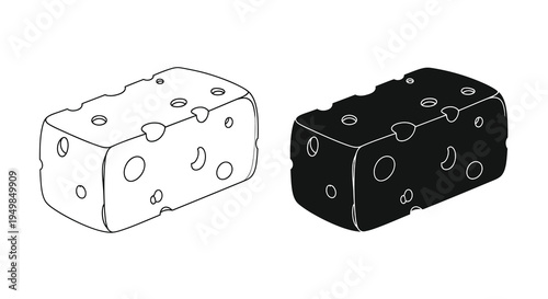 A simple black and white illustration depicts two blocks of swiss cheese one light and one dark with characteristic holes