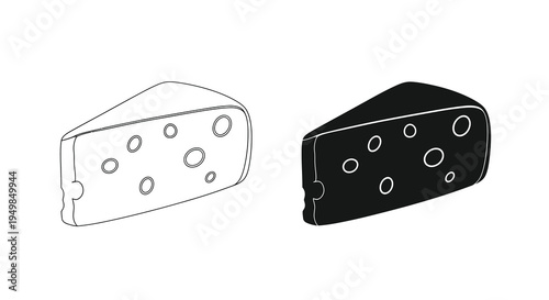 A minimalist depiction showcases two wedge shaped cheese slices one outlined and the other solid black displaying characteristic holes