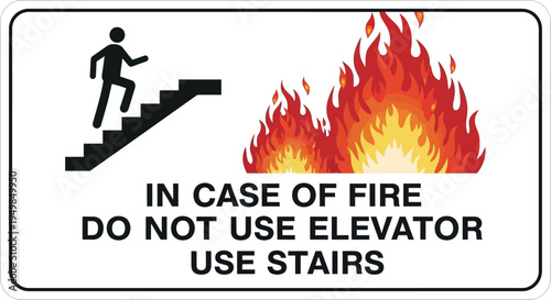Person running up stairs to escape fire flames and sign warning