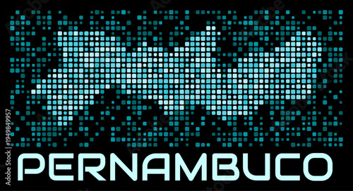 Pernambuco, Brazil digital dotted map. Shape of the state in cyan color palette on dark background. Futuristic Pernambuco, Brazil map design. Vector illustration.