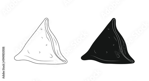 A minimalist black and white illustration depicts two samosa shapes one light and one dark showcasing culinary delight high quality professional