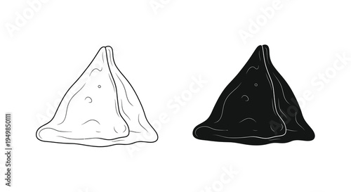 A black and white illustration depicts two stylized samosa pastries one light and one dark showcasing their triangular form high quality