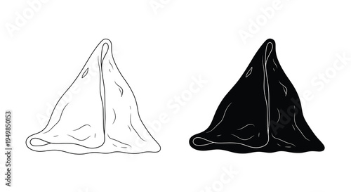 A minimalist illustration depicts two contrasting samosa outlines one white and one black showcasing the iconic shape high quality