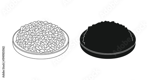 A black and white illustration showcases two circular dishes one filled with beans and the other with caviar high quality professional