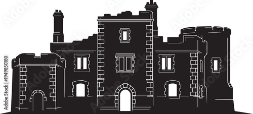 Old castle silhouette vector illustration line art of ancient gothic building ruins