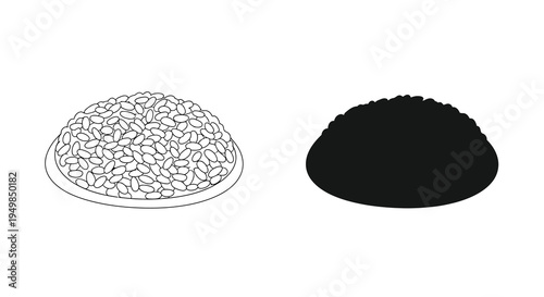 A simple black and white illustration depicts two circular piles of small bean shaped objects on plates high quality professional