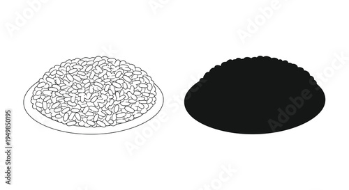 A minimalist illustration depicts two circular arrangements of small bean shaped objects one light and one dark high quality professional