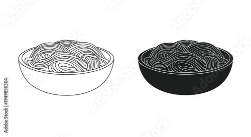 A black and white line art illustration depicts two bowls filled with spaghetti showcasing contrasting tonal values high quality