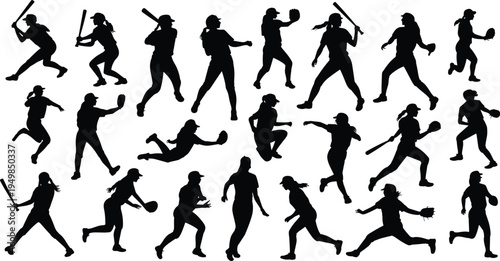 Collection of female softball player silhouettes in various action poses players women